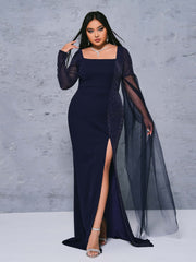 Plus Square Neck Panel High Split Dress