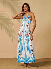 Blue Parrot Halter Backless Vacation Dress