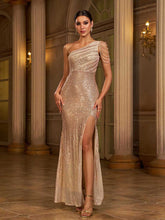 One Shoulder Beaded Sleeve Gradient Sequin Prom Dress