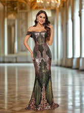 Formal Off Shoulder Contrast Black Sequin Evening Dress