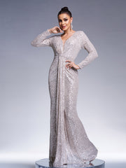 Long Sleeve Backless Sequin Dress