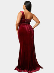 Plus Size One Shoulder Draped Sequin Burgundy Prom Dress