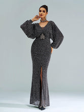 V-Neck Backless Split Sequin Maxi Dress
