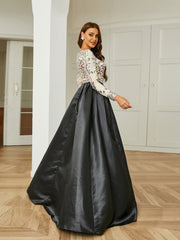 Formal A-Line Satin Panel Black Ball Gown