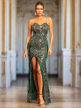 Green Strapless Graphic Sequin Prom Dress