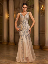 Apricot Sequin Mesh Sleeveless Prom Dress