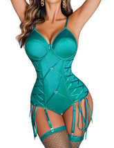 Tummy Control Bodysuit With Garter Belt-New Peacock Blue