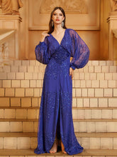 Blue V-neck Long Sleeve Sequin Prom Dress