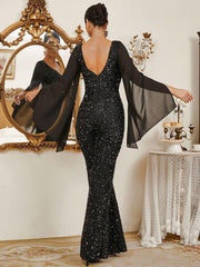 V-Neck Glitter Mesh Sleeve Jumpsuits