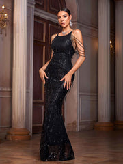 Black Fringed Sequin Backless Cocktail Dress