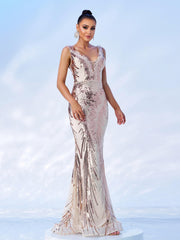 V-neck Sleeveless Mermaid Sequin Formal Dress