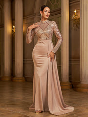 Draping Long Sleeve Sequin Formal Dress
