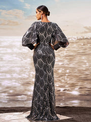 Classic Black Sequin Ballon Sleeve Prom Dress