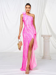 Appliqued One Shoulder Split Sequin Dress