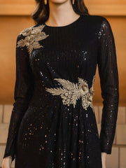 Black Leaf Sequin Long Sleeve Prom Dress