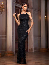 Black Fringed Sequin Backless Cocktail Dress