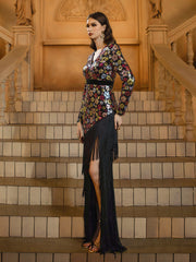 Fringed Split Floral Sequin Prom Dress