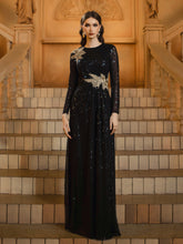 Black Leaf Sequin Long Sleeve Prom Dress