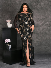 Plus Butterfly Sequin Split Mesh Dress