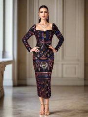 Square Neck Long Sleeve Split Sequin Dress