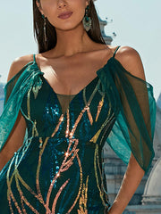 Cold Shoulder Sequin Graphic Prom Dress