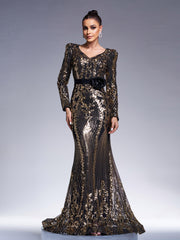 Black Long Sleeve Sequined V-neck Dress
