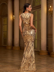 V Neck Split Mermaid Sequin Golden Evening Dress