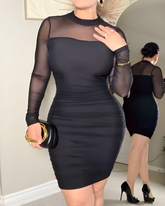 Sheer Mesh Long Sleeve Ruched Bodycon Dress