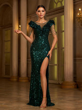 Green Sequin Short Sleeve Ruffled Cocktail Dress