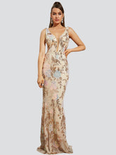 Floral Sleeveless Sequin Evening Dress
