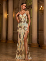 Gold Floral Sequin Backless Split Cocktail Dress SL30018