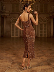 Square Neck Split Back Sequin Brown Prom Dress