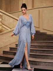 Grey Sequin Loose Split A-line Prom Dress