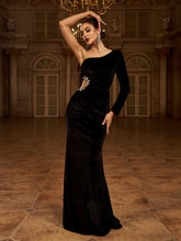 Cut Out Asymmetrical Black Velvet Formal Dress