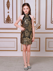 Halterneck Damask Sequin Bodycon Mini Dress