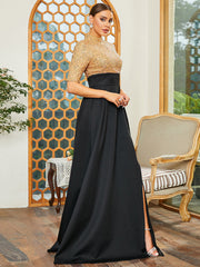 Stand Collar Panel A-Line Pleated Split Prom Dress