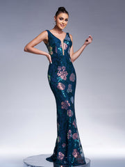 Floral Sleeveless Sequin Evening Dress
