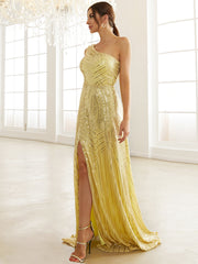 Yellow Sequin One Shoulder Prom Dress