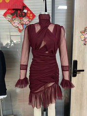 Ruche Sheer Mesh Long Sleeve Bodycon Dress