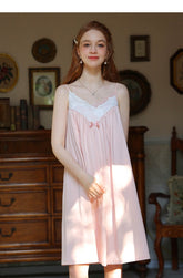 Cotton Linen Straps Lace Slit Nightdress