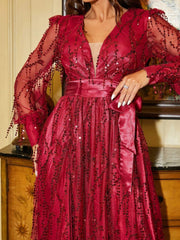 Sequin Fringed Bowknot Prom Dress