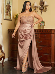 Plus Size Strapless Satin Split Brown Prom Dress