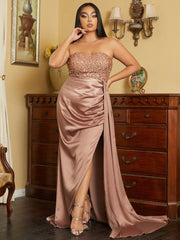 Plus Size Strapless Satin Split Brown Prom Dress