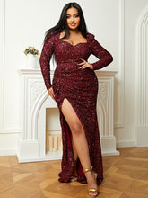 Plus Size Sweetheart Long Sleeve Burgundy Sequin Prom Dress