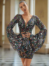V-Neck Flared Sleeve Multicolor Sequin Mini Dress