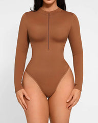 Front Zip Long Sleeve Shapewear Thong Bodysuit