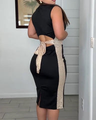 Sequined Patchwork Tie-Up Dress