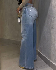 High-Stretch Ripped Wide-Leg Jeans