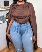 Round Neck Ruched Shawl Long Sleeve Thong Bodysuit