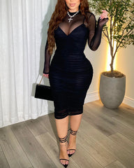 Pleated Mesh Long-Sleeved Bodycon Dress